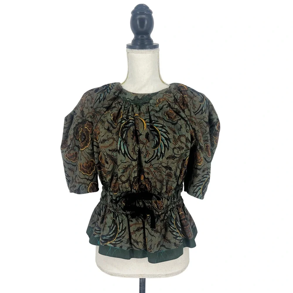 Ulla Johnson Denisa Top Spruce‎ Floral Cotton Peplum Blouse Size 6